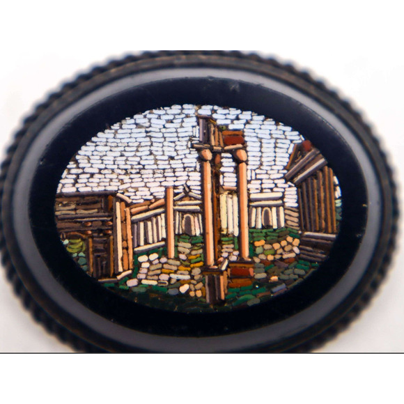 Antique Jewelry - Antique Victorian Micro Mosaic Brooch Temple of Vespasian Grand Tour Memento